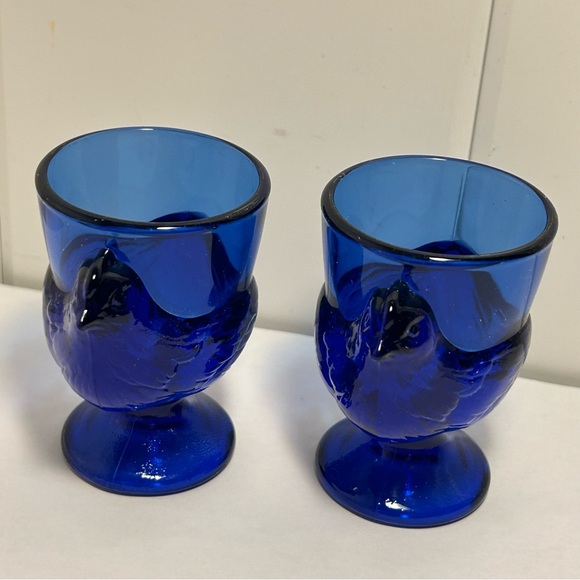 Arcoroc France Vintage Cobalt  Blue Glass Chicken Egg Cup Holders Hen On Nest 2 - Picture 10 of 16